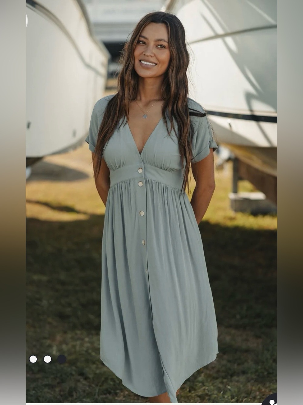 The Normal Brand Deep V Button Thru Dress Sz S Sage Green Midi
